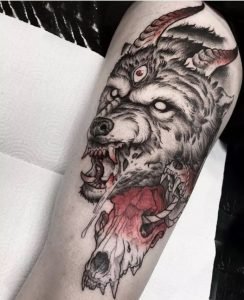 wolf and skull tattoo sleeve