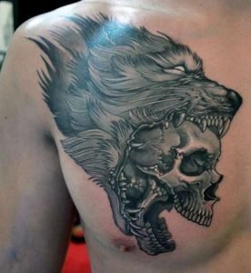 wolf biting skull tattoo