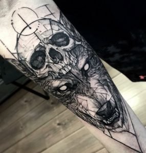 wolf half skull tattoo