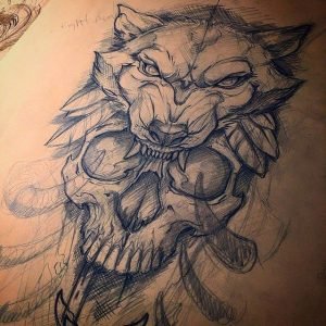 wolf head and skull tattoo