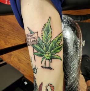 Green Color Pot Leaf Tattoo